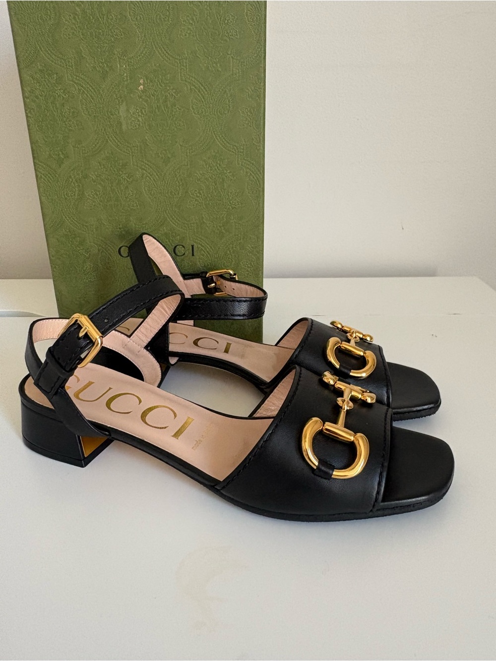 GUCCI Horsebit Black Leather Slingback Sandals - NEW - Size 39.5 / US 9.5
